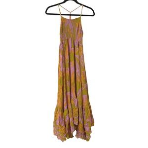 Free People Floral Smocked Orange Halter Midi Dress XS Bohemian Festival Summer